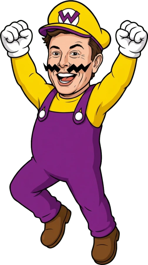 Wario-Musk with both fists up beside a warp pipe, saying goodbye.