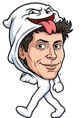 Full-body caricature of Sam Altman in a candle costume