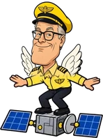 Full-body caricature of Ed Bastian riding a satellite