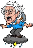 Full-body caricature of Bernie Sanders riding a storm cloud