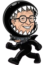 Full-body caricature of Bill Gates running in a shark costume
