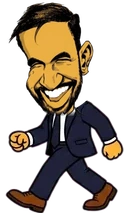 Full-body caricature of Zohran Mamdani walking in a dark suit